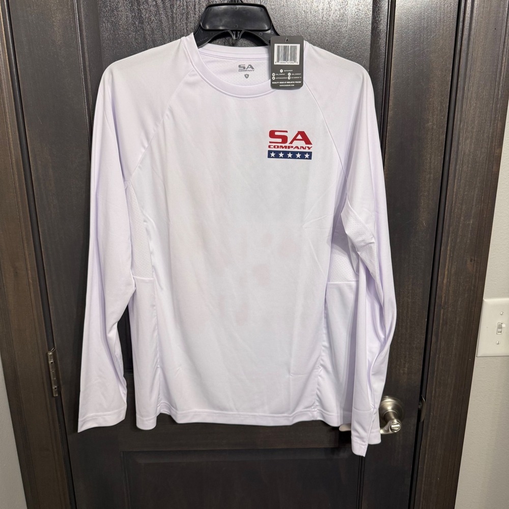 SA‎ Company Mens White American Flag Fish Performance Fishing Shirt Small NWT